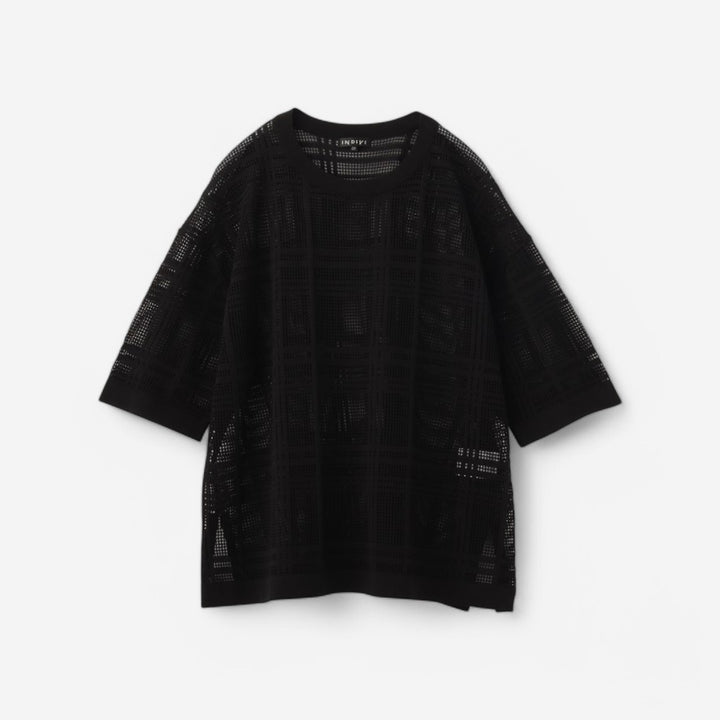 格紋設計透膚針織上衣 - 黑|INDIVI