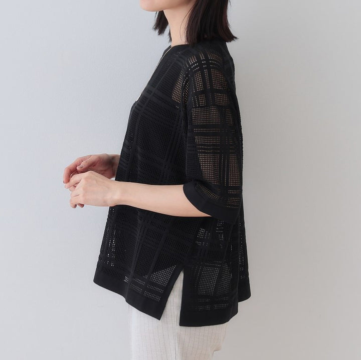 格紋設計透膚針織上衣 - 黑|INDIVI