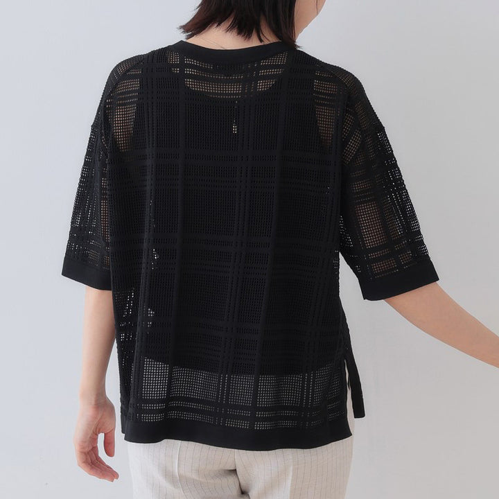 格紋設計透膚針織上衣 - 黑|INDIVI