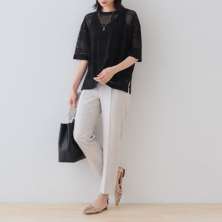 格紋設計透膚針織上衣 - 黑|INDIVI