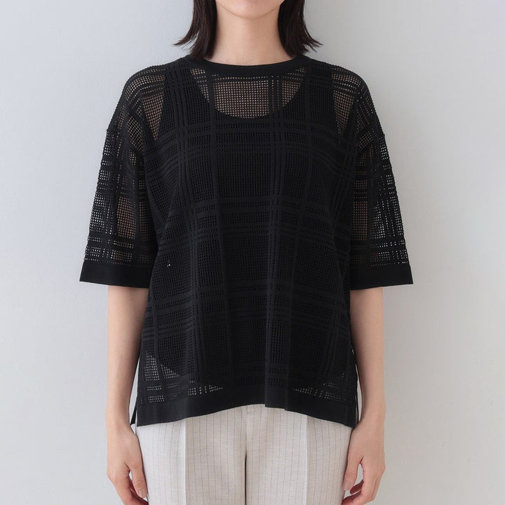 格紋設計透膚針織上衣 - 黑|INDIVI