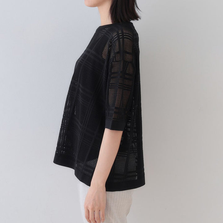 格紋設計透膚針織上衣 - 黑|INDIVI