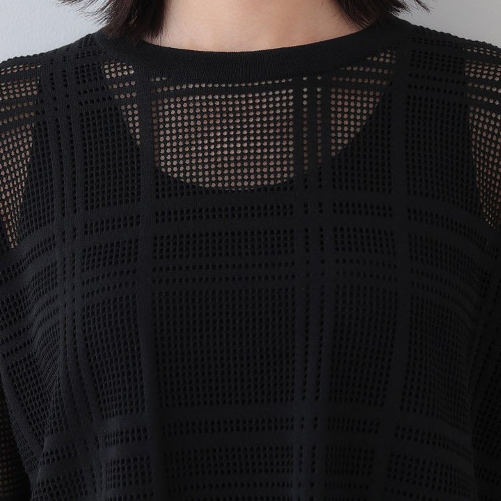 格紋設計透膚針織上衣 - 黑|INDIVI