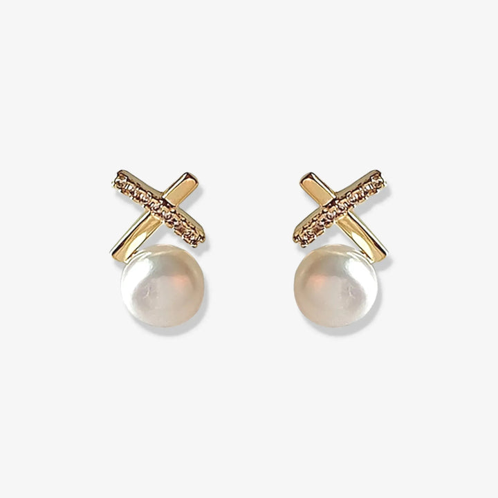 交叉水鑽金屬單珍珠耳環-金