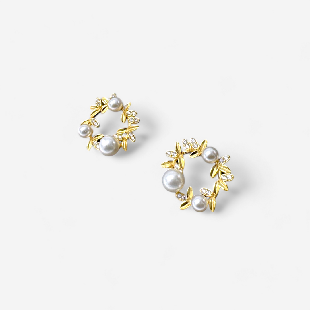 橄欖葉環狀珍珠耳環-金
