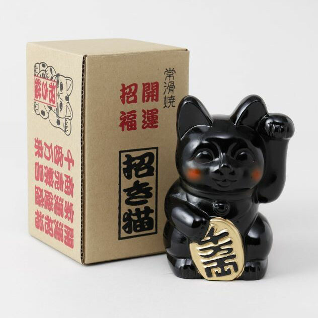 Kaya｜紅頰招財貓4號存錢筒 - 黑 日本常滑燒