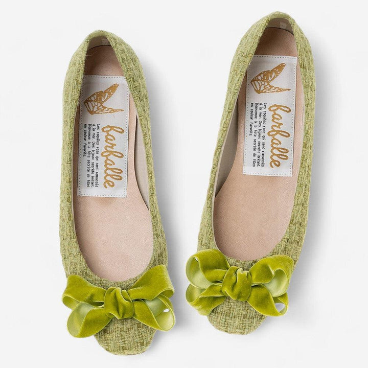 Farfalle｜絲帶斜紋軟呢方頭芭蕾鞋 - 綠 日本製