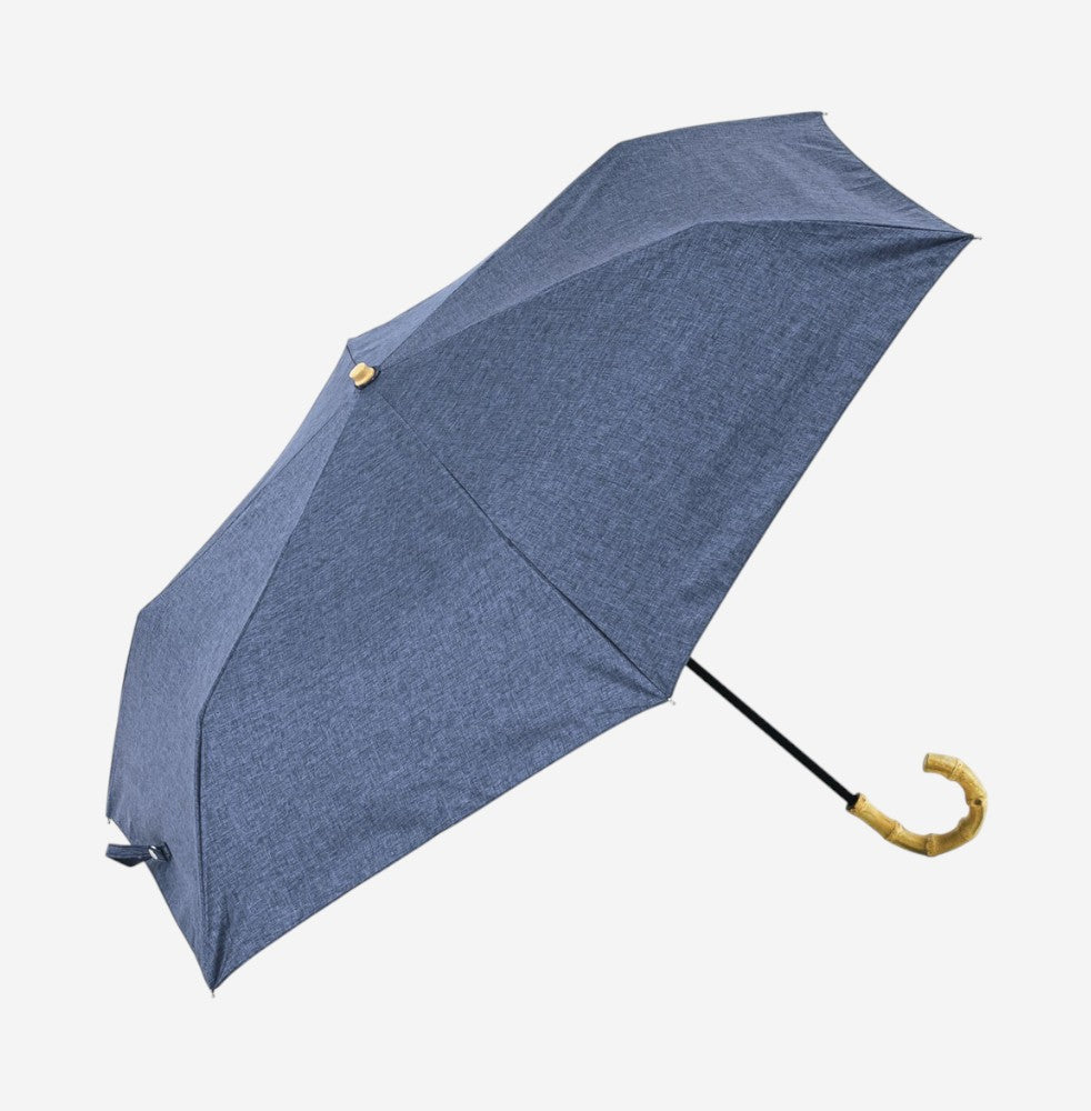 because｜亞麻印花竹製手柄晴雨兼用折疊傘 - 藍