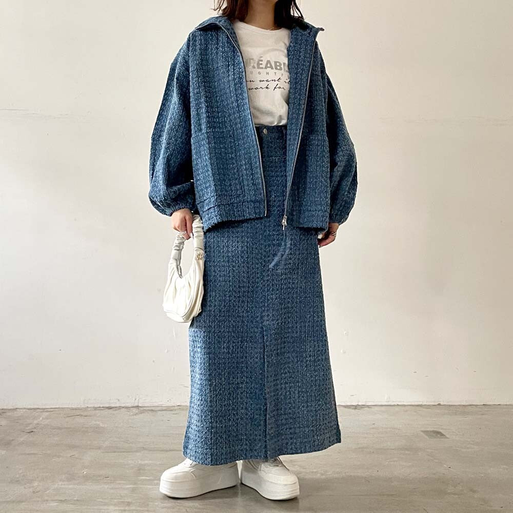特殊紋理仿舊立領牛仔外套 - 藍