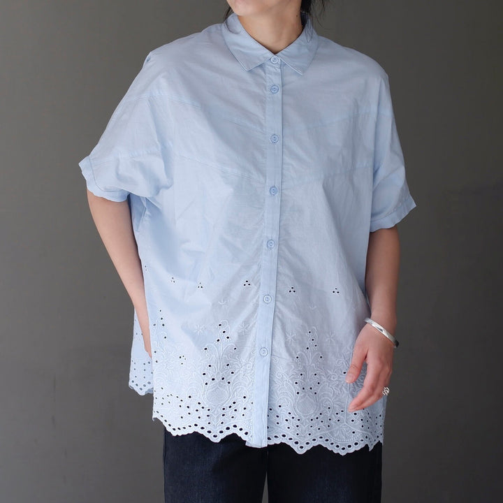 鏤空刺繡下擺V領棉質襯衫 - 亮藍｜classy chic
