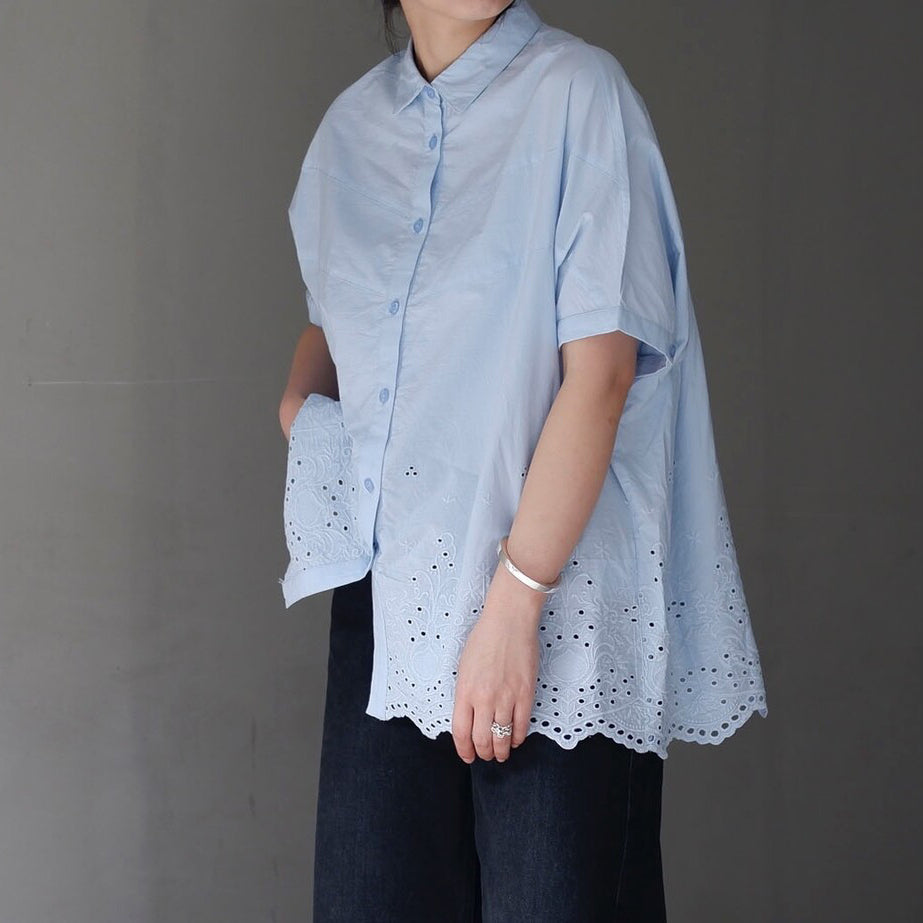 鏤空刺繡下擺V領棉質襯衫 - 亮藍｜classy chic