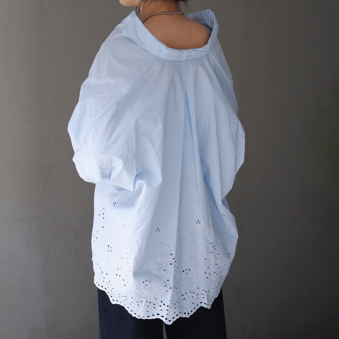 鏤空刺繡下擺V領棉質襯衫 - 亮藍｜classy chic