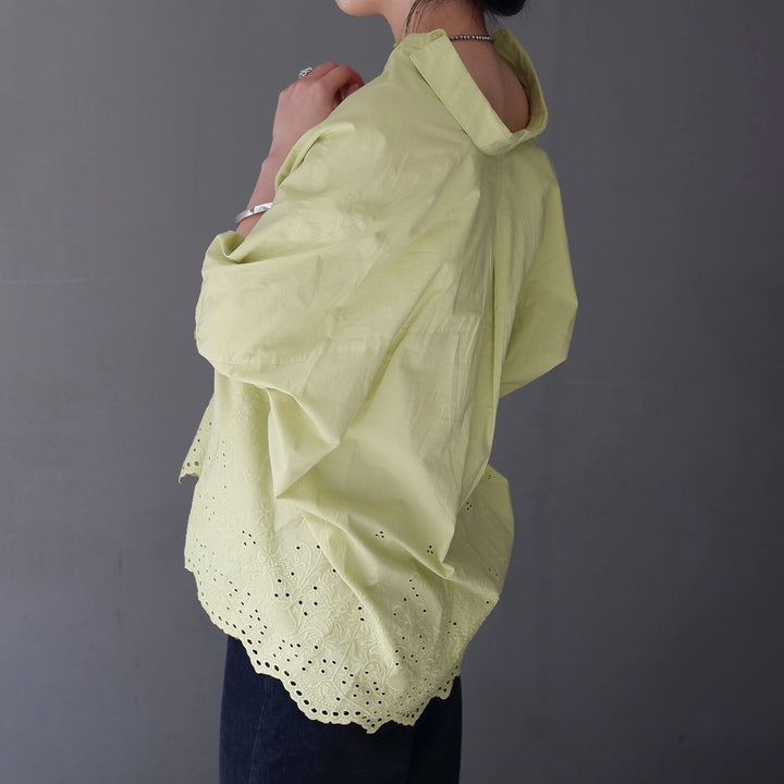 鏤空刺繡下擺V領棉質襯衫 - 黃｜classy chic