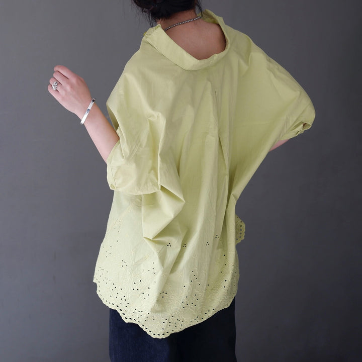 鏤空刺繡下擺V領棉質襯衫 - 黃｜classy chic