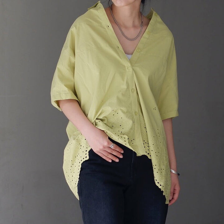 鏤空刺繡下擺V領棉質襯衫 - 黃｜classy chic