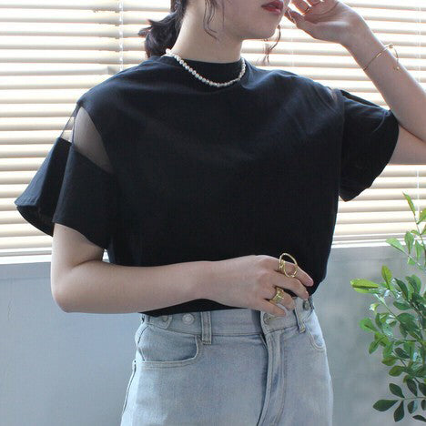 透膚設計喇叭袖短袖上衣 - 黑｜classy chic