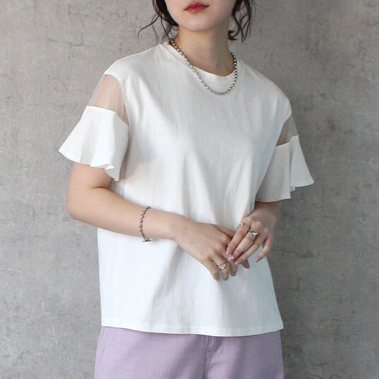 透膚設計喇叭袖短袖上衣 - 白｜classy chic