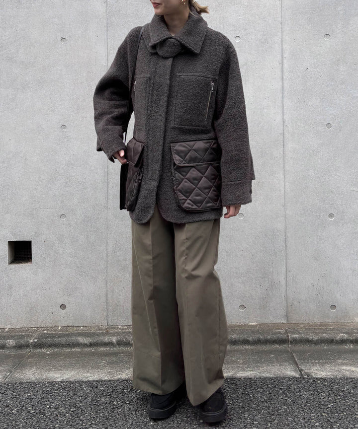 羊毛異材質拼接設計中長版大衣 - 深灰｜Audrey and John Wad