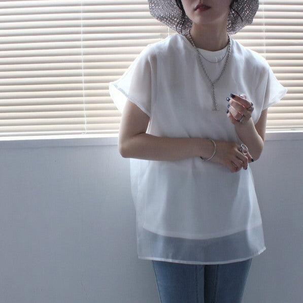 輕紗透膚層次感法式袖上衣 - 白｜classy chic