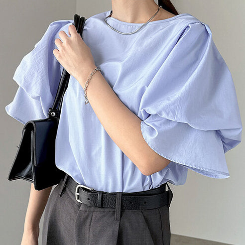 2WAY立體雙層澎袖襯衫 - 亮藍｜Alma Design
