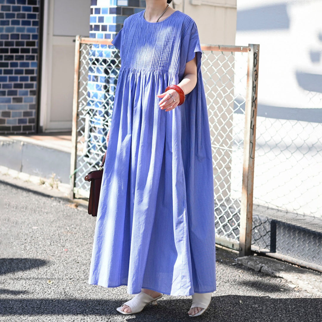 細條紋印花傘擺長洋裝 - 藍｜classy chic