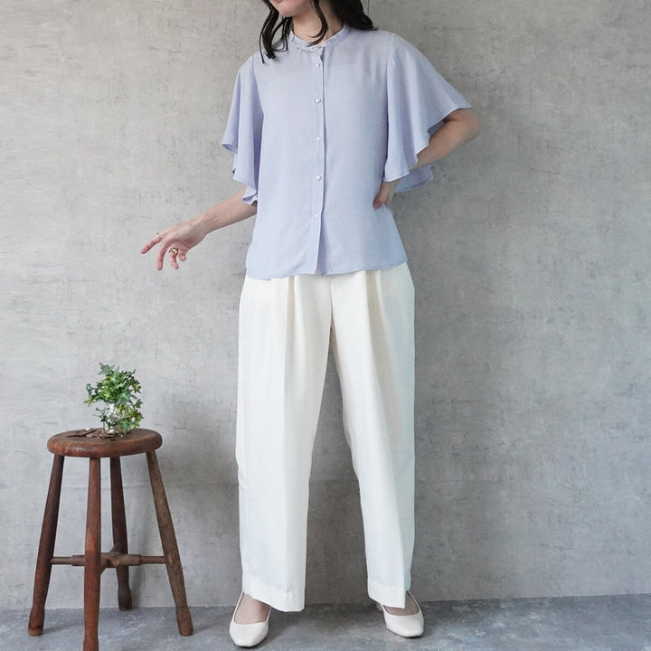 珍珠釦飾飄逸喇叭袖立領上衣 - 薩克斯藍｜classy chic