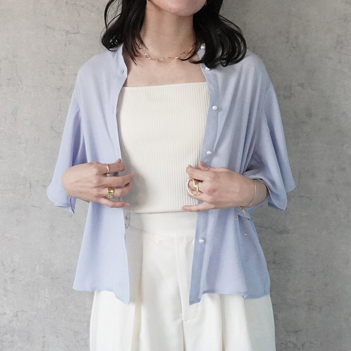 珍珠釦飾飄逸喇叭袖立領上衣 - 薩克斯藍｜classy chic