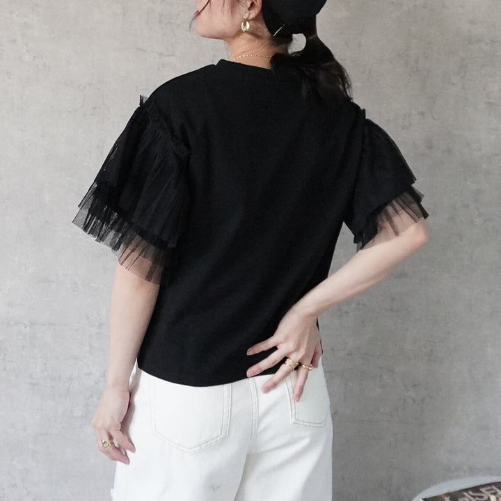 輕柔網紗荷葉袖短袖上衣 - 黑｜classy chic