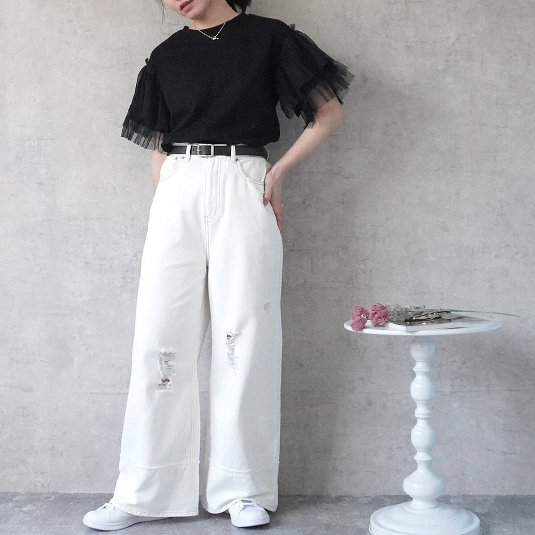 輕柔網紗荷葉袖短袖上衣 - 黑｜classy chic