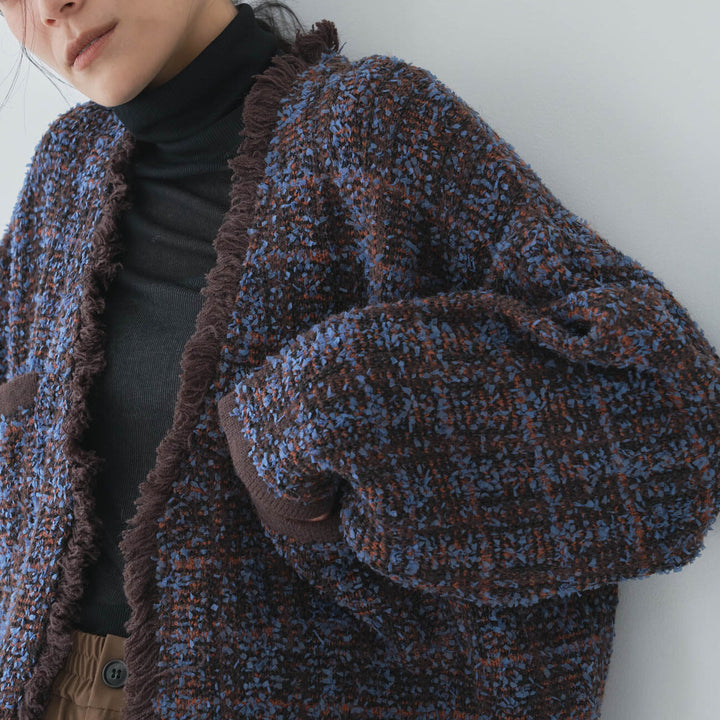 流蘇設計格紋開襟衫 - 深棕｜Audrey and John Wad