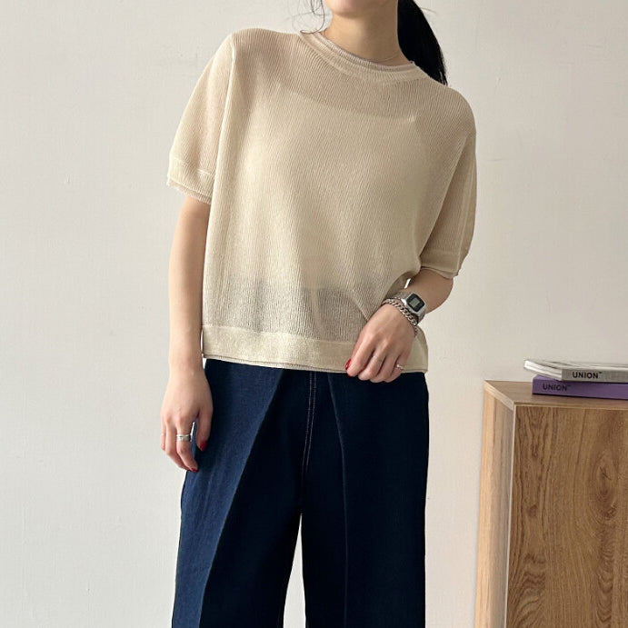 仿麻質感雙紗拼色針織短袖寬鬆上衣 - 杏｜classy chic