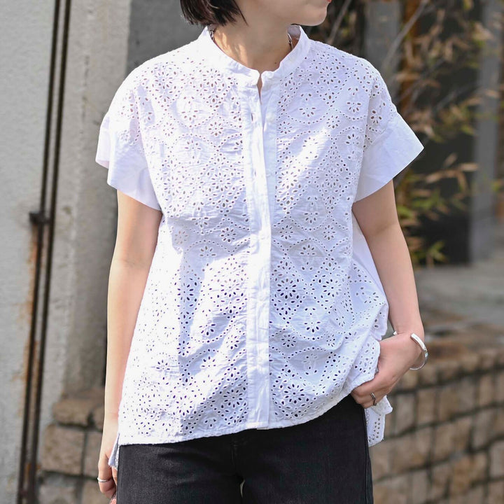 印度棉鏤空刺繡短袖上衣 - 白｜classy chic