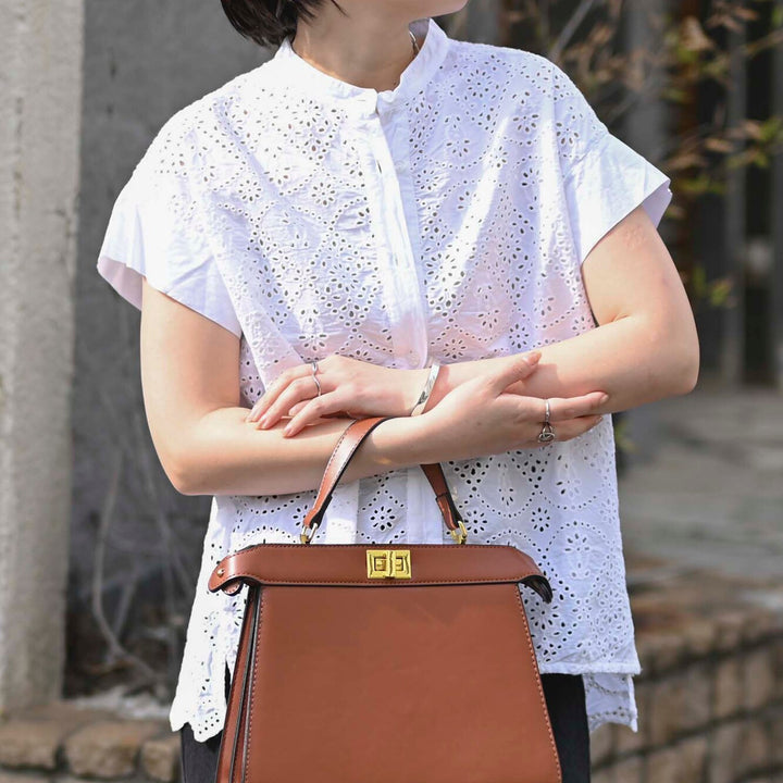 印度棉鏤空刺繡短袖上衣 - 白｜classy chic