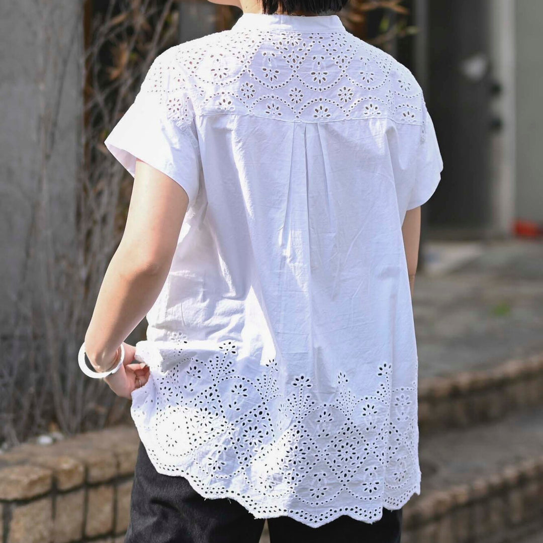 印度棉鏤空刺繡短袖上衣 - 白｜classy chic
