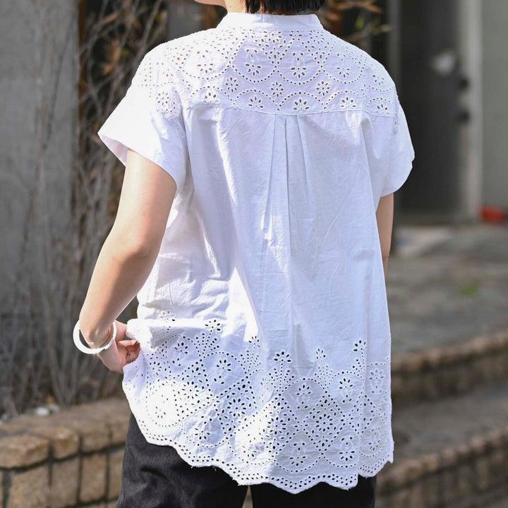 印度棉鏤空刺繡短袖上衣 - 白｜classy chic
