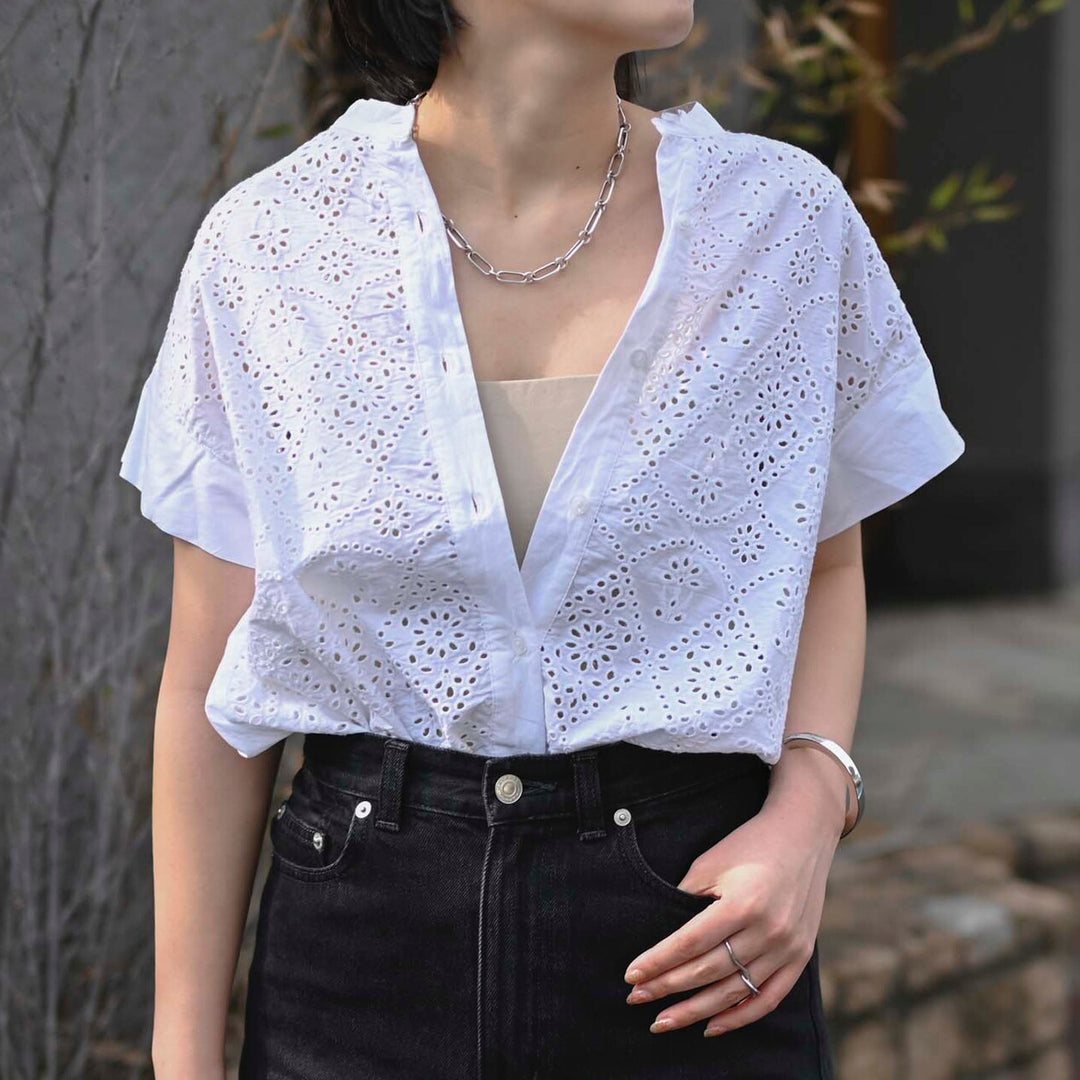 印度棉鏤空刺繡短袖上衣 - 白｜classy chic