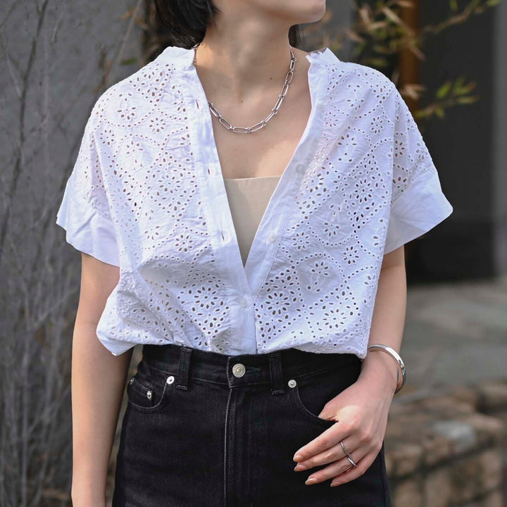 印度棉鏤空刺繡短袖上衣 - 白｜classy chic