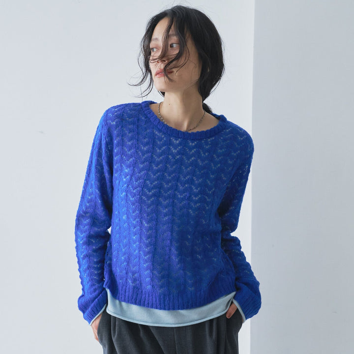 鏤空紋理層次針織上衣 - 藍｜Audrey and John Wad