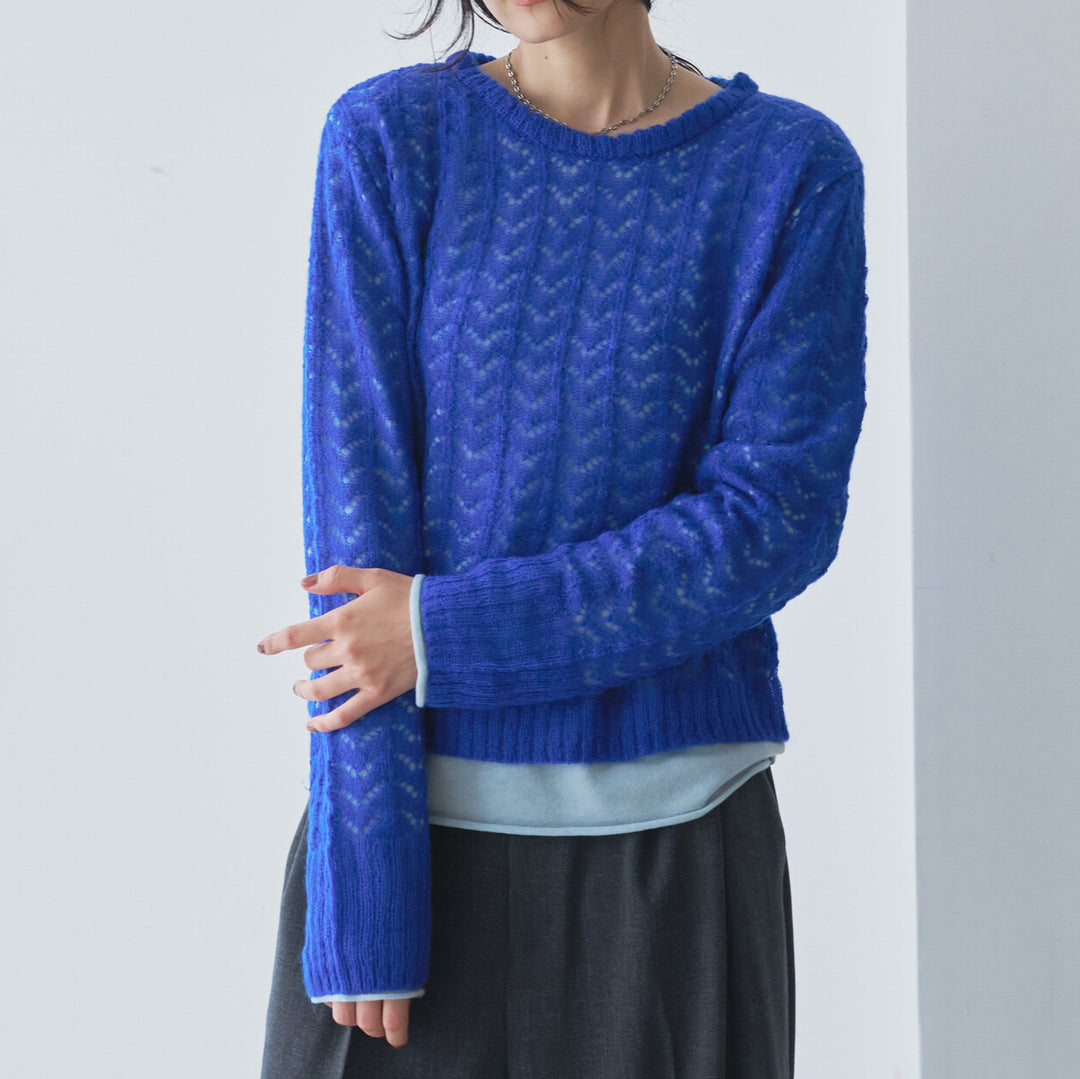 鏤空紋理層次針織上衣 - 藍｜Audrey and John Wad