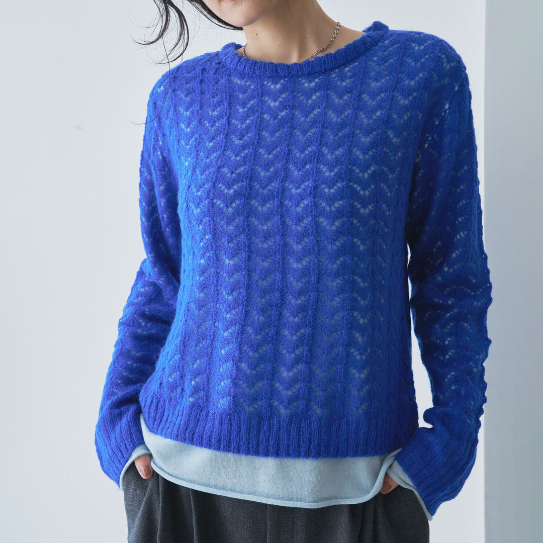 鏤空紋理層次針織上衣 - 藍｜Audrey and John Wad