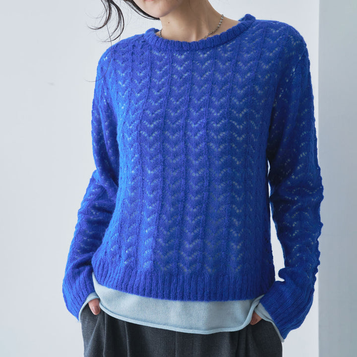 鏤空紋理層次針織上衣 - 藍｜Audrey and John Wad