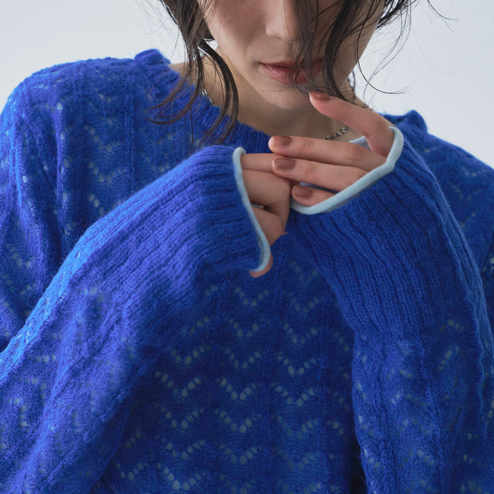 鏤空紋理層次針織上衣 - 藍｜Audrey and John Wad