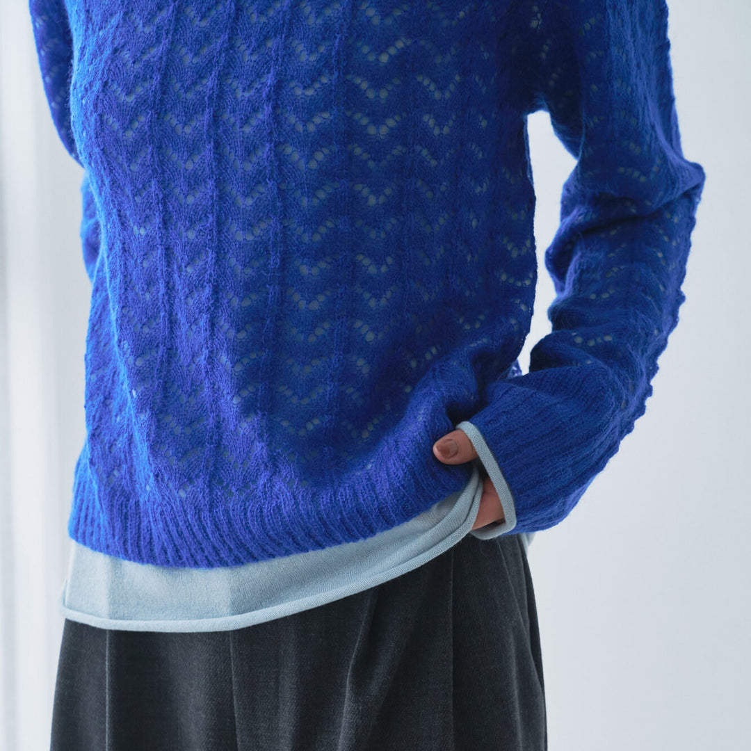 鏤空紋理層次針織上衣 - 藍｜Audrey and John Wad