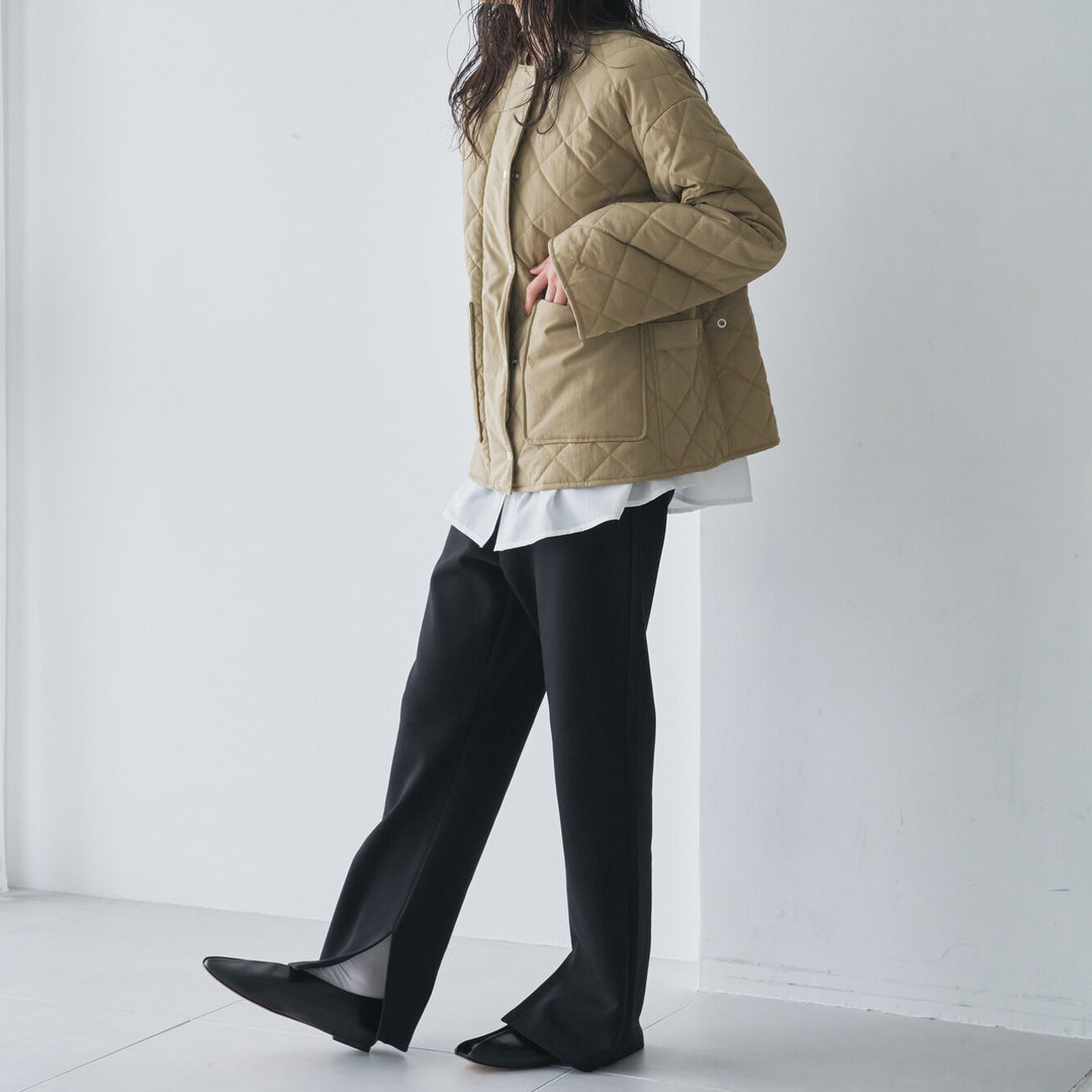 無領鋪棉壓紋短版外套 - 淺卡其｜Audrey and John Wad