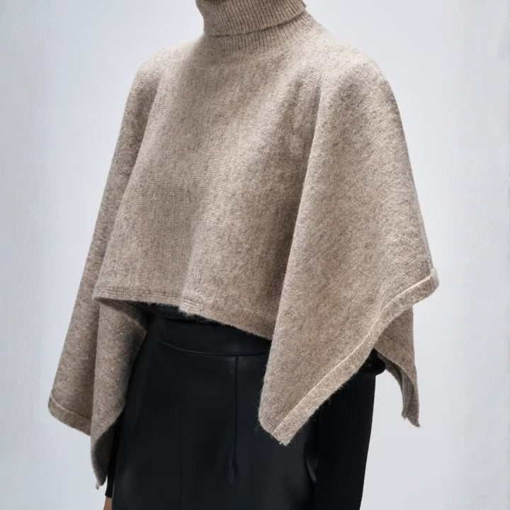 不對稱高領針織斗篷 - 灰米｜cloenc