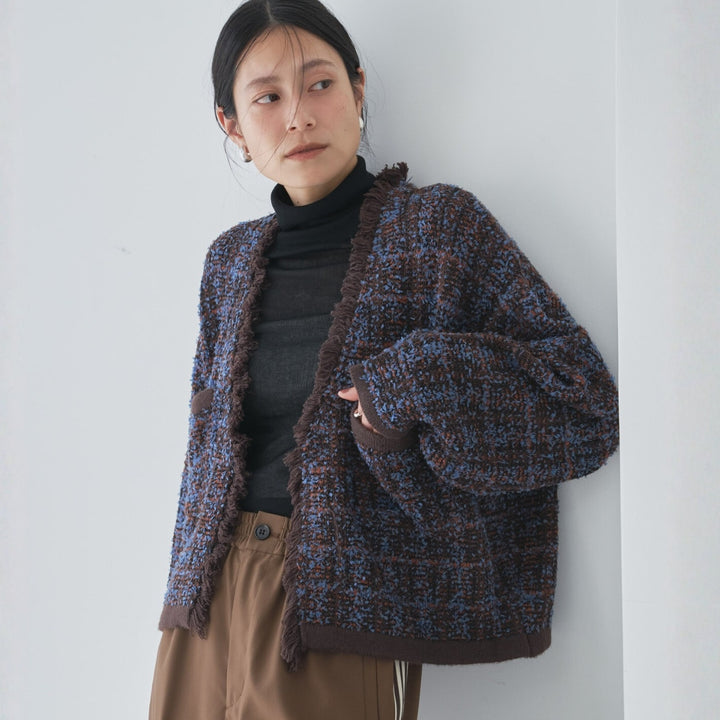 流蘇設計格紋開襟衫 - 深棕｜Audrey and John Wad