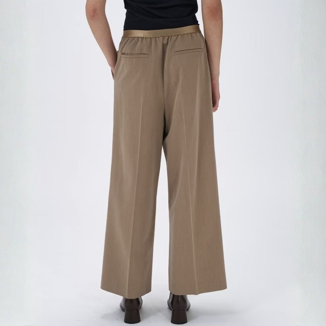 打褶設計鬆緊腰帶寬直筒褲 - 灰米｜cloenc