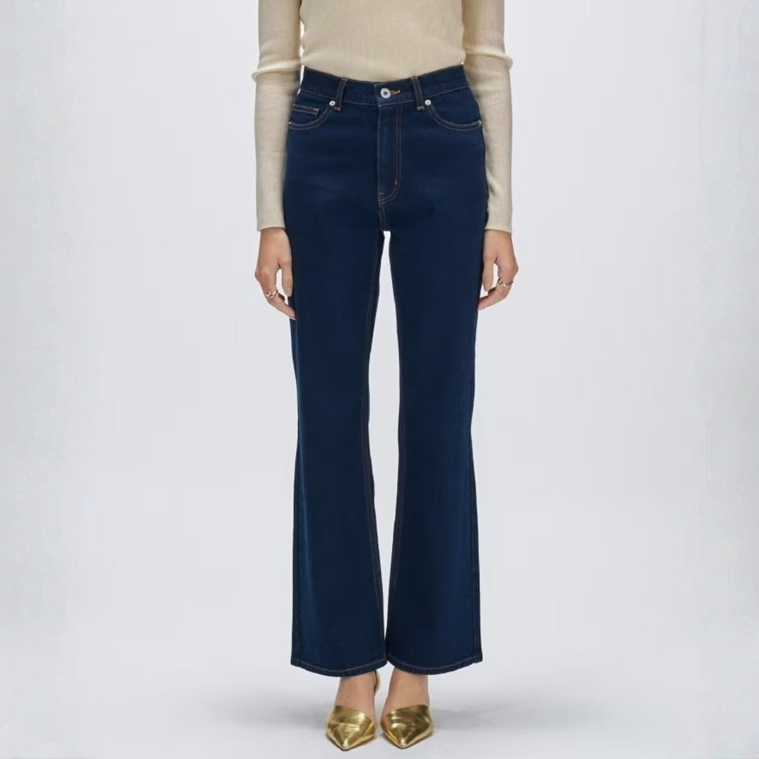 簡約彈性單寧喇叭褲 - 深藍｜cloenc