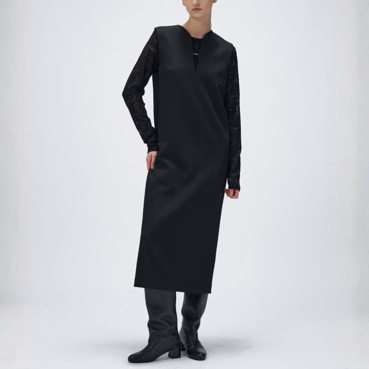 金屬飾條V領無袖連身裙 - 黑｜cloenc