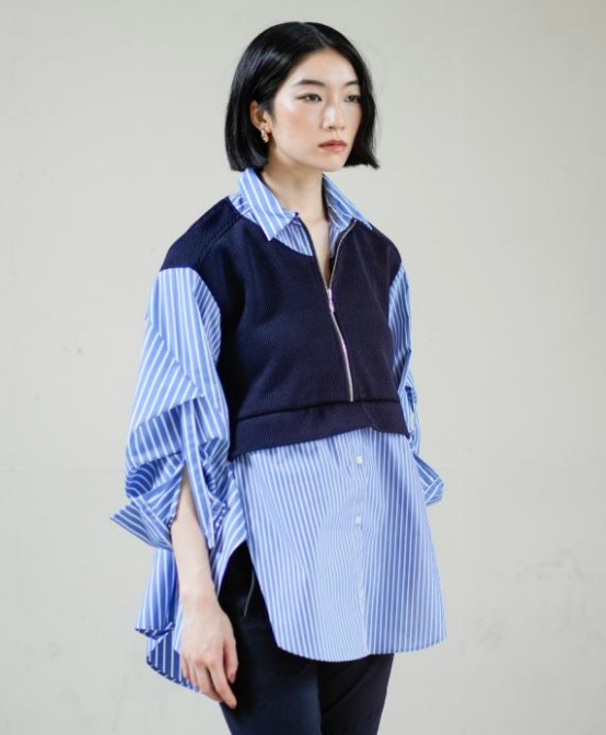 針織拼接條紋長版襯衫 - 藍｜Lallia Mu